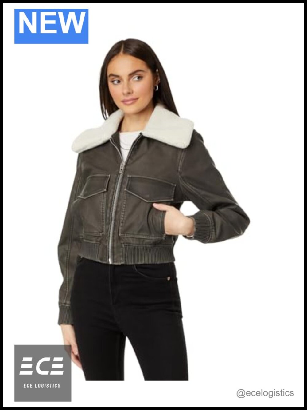 Faux Leather Bomber Jacket Sherpa Collar Zip Up Long Sleeve